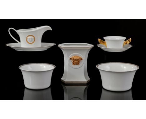 7 porcelain Rosenthal Versace tableware with Gorgona and Medaillon Méandre d'Or decor, vase 19 cm high