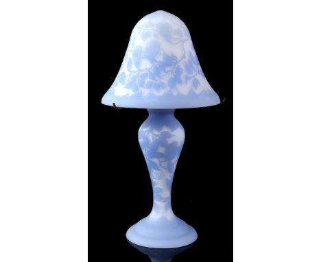 2-piece glass Gallé style table lamp with blue relief decoration, 60 cm high