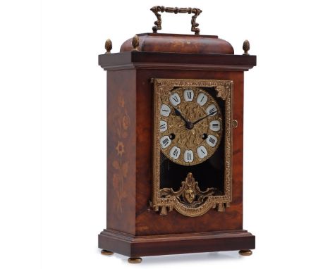 Walnut veneer with marquetry table clock with bronze fittings, after an old model, 20th century, 39 cm high, 22 cm wide