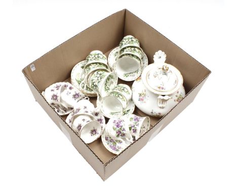Box with Royal Albert porcelain cups and saucers with decorations Lily of the Valley, Violets and Sweet Violets and porcelain