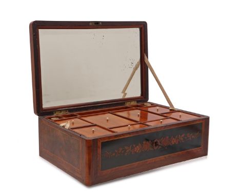 Walnut and mahogany veneer chest with beautiful marquetry decoration on the top of the lid and front, marquetry and piping al