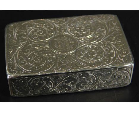 A late Victorian engraved silver snuff box, Birmingham 1887, 1oz, 5.5cm wide