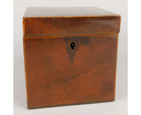 A 19thC plain mahogany tea caddy, the hinged lid with chequer banded border and inlaid to the corners, 12cm wide.