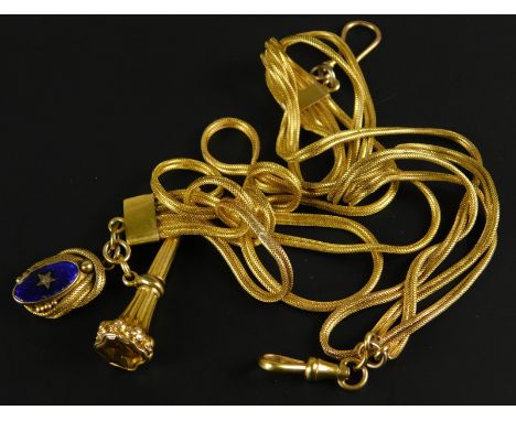 A watch chain, of eight row rope design, with two fobs, a memorial fob, with blue enamel and a citrine set seal fob, fobs yel