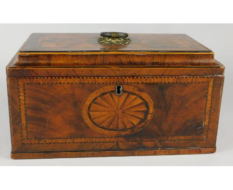 A 19thC mahogany and marquetry rectangular tea caddy, the tapering hinged lid with a tulip wood crossband and a gilt metal ha