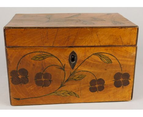 A 19thC mahogany and marquetry tea caddy, the hinged lid and sides inlaid with flowers, etc., interior adapted, 18cm wide.