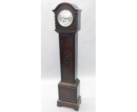 A 1930's oak grandmother clock, the silvered dial stamped Smiths Lincoln, with Westminster chime, on bracket feet, 148cm high