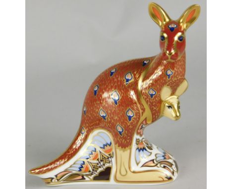 A Royal Crown Derby porcelain kangaroo paperweight, from Australian collection, gold button to underside, boxed