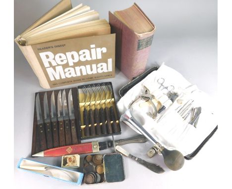 Miscellaneous items, to include books, a dagger with leather scabbard, a bicycle horn, coins, military badges etc.