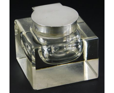 A square section glass inkwell, with silver hinged lid and collar, marks indistinct, 8cm wide