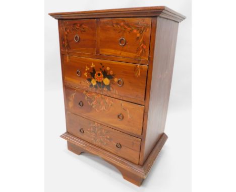 A hardwood chest of drawers, painted with flowers, scrolls etc., with an arrangement of two short and three long drawers, wit