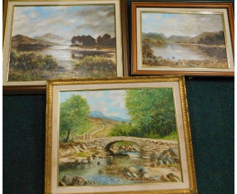 C R Knowles.  Landscape, oil on board and two other works (3)