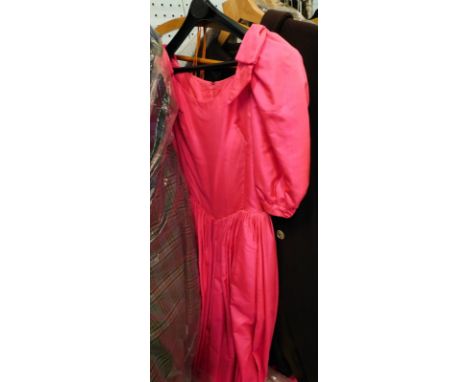 A ladies 1980s silk ball gown, in vivid pink, brown cape, a men's sheepskin coat with fur collar and a Harrods 1960s faux coa