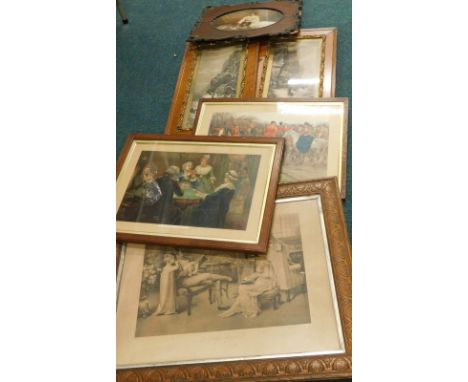 Miscellaneous Victorian and later prints, to include over print of a lady and a dog in ornate oak veneered frame, a Pears pri