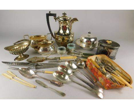 Various items of silver plate, to include an oval tea caddy, muffin dish, asparagus service etc.