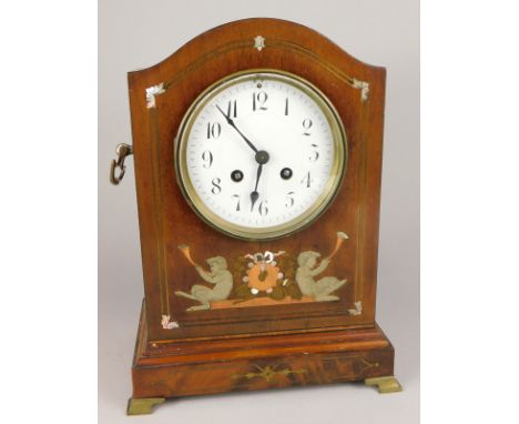 A late 19thC French mahogany mantel clock, the case inlaid in silver coloured metal, copper and brass with fauns, musical tro