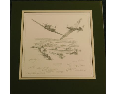 After Nicholas Trudgian.  Close Encounter, artist signed monochrome print, also signed by various aviators, such as Major Hei