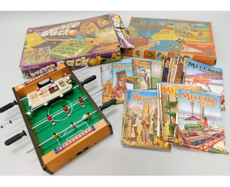 Miscellaneous games, to include Bounce Back, table football game, a children's projector game and various Meccano magazines f