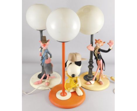 Three novelty children's table lamps, two with the Pink Panther beside a lamp post and an original Snoopy table lamp