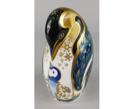 A Royal Crown Derby porcelain penguin paperweight, gold button to underside