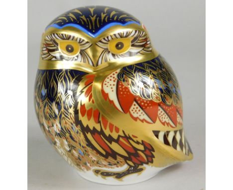 A Royal Crown Derby porcelain owl paperweight, gold button to underside, boxed