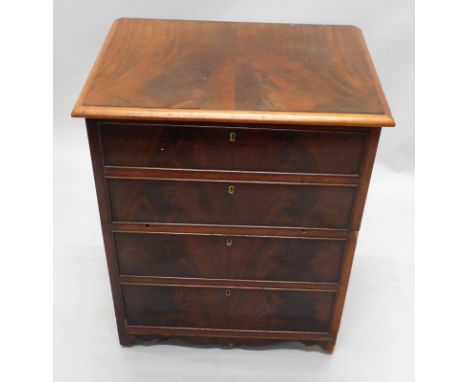 An early 19thC mahogany commode, the hinged lid revealing a fitted interior, with ceramic pot etc., the front with four false
