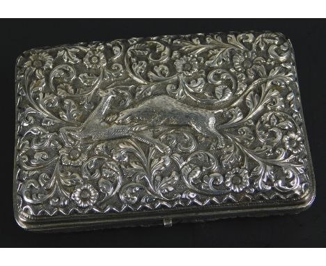 An Indian white metal cigarette case, with embossed and chased decoration of an antelope attacked by a lion, unmarked, 3¼oz