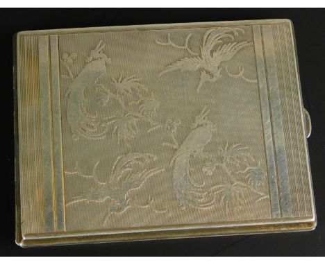 A Chinese cigarette case, with engine turned pattern depicting Asiatic pheasants, in white metal, marked 800, with gilt inter