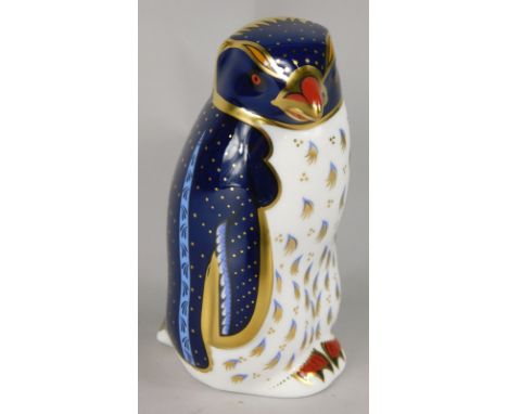 A Royal Crown Derby porcelain Rock Hopper penguin paperweight, designed by John Ablitt, faceted gold button to underside, box