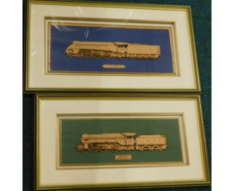 Two relief wooden locomotives, The Green Arrow and The Mallard