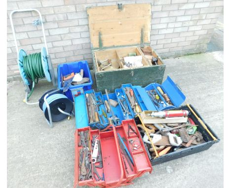 A large quantity of woodworking tools, saws, a hose reel, tool chest etc.