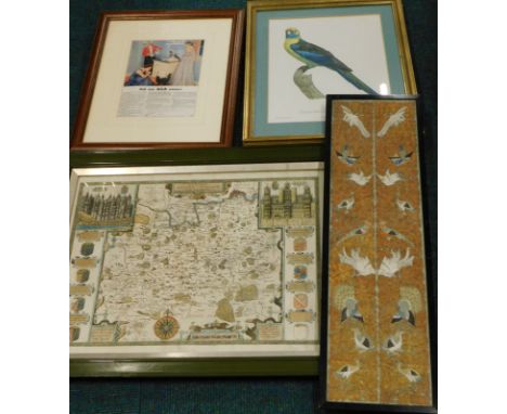 A collection of prints etc., to include an Aga advertising sign, map of Surrey, an oriental silk embroidered picture of birds