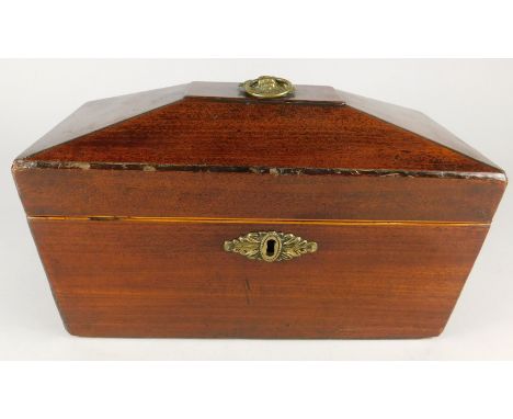 A 19thC mahogany sarcophagus shaped tea caddy, with metal cast handles