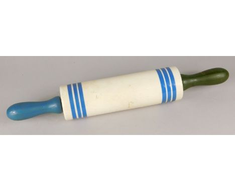 An early 20thC Sadler pottery rolling pin, decorated with plain blue bands on a cream ground with green and blue turned woode