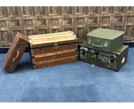 WOOD CABIN TRUNK, with brass detail, along with another trunk and two travel suitcases (4)