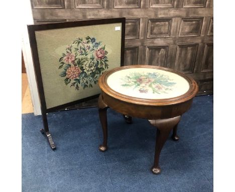 MAHOGANY CIRCULAR OCCASIONAL TABLE, 55cm diameter, along with a mahogany firescreen, with upholstered panel, 61cm wide (2)