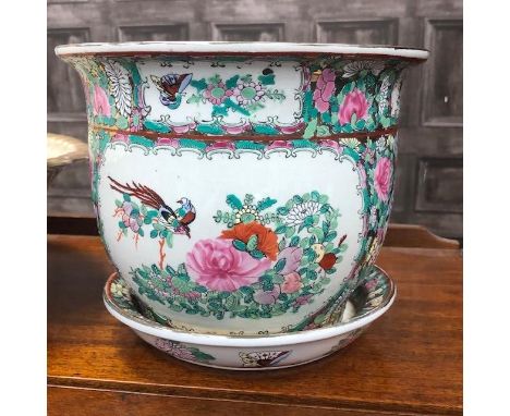 CHINESE PLANTER, 19cm high, with floral and bird decoration, along with a Clementson ewer and basin and a Royal Bonn German p