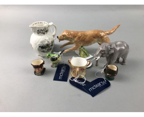 ROYAL WORCESTER FIGURE OF A RETREIVER, 19cm wide, along with a miniature Worcester loving cup, Bicentenary jug, Bing &amp; Gr