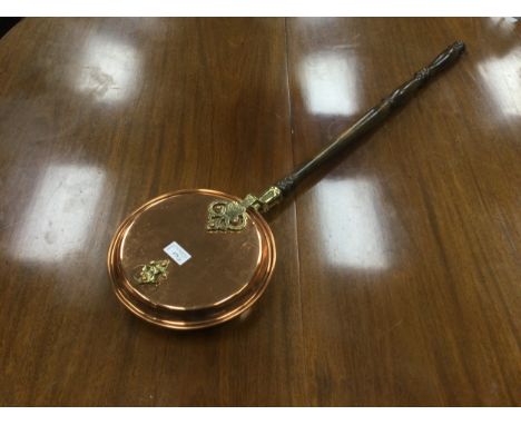 20TH CENTURY COPPER AND BRASS BED WARMING PAN, along with a silver plated three piece tea service (4)