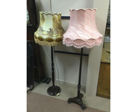 MAHOGANY STANDARD LAMP, with pink shade, along with another mahogany standard lamp and shade (2)