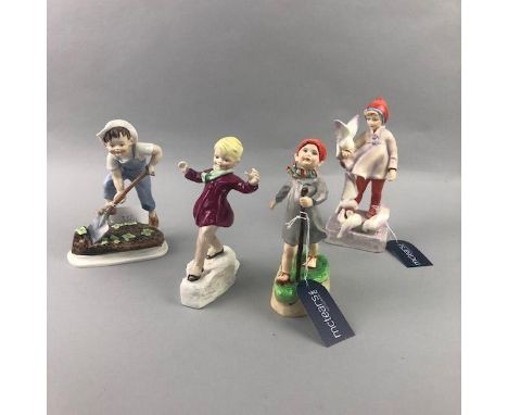 ROYAL WORCESTER FIGURE OF 'NOVEMBER', No 3418, 19cm high, along with three other Royal Worcester figures, comprising 'Thursda