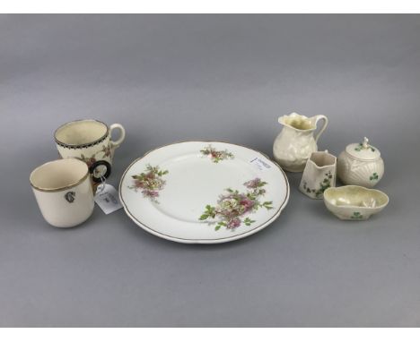 BELLEEK FIRST PERIOD COFFEE CUP, along with other Belleek ceramics including another cup, a plate, two cream jugs, cruet set,