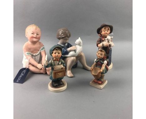 ROYAL COPENHAGEN FIGURE OF A GIRL BRUSHING A CAT, 15cm high, along with three Hummel figures of children and another figure o
