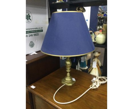 BRASS TABLE LAMP, with blue shade, along with a turned wood table lamp and a small rug, decorated with a town scene (3)