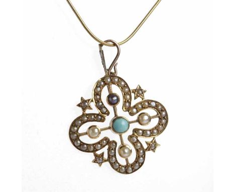 VICTORIAN TURQUOISE AND SEED PEARL PENDANT
of stylised floral form, set with a central turquoise surrounded by seed pearls, i