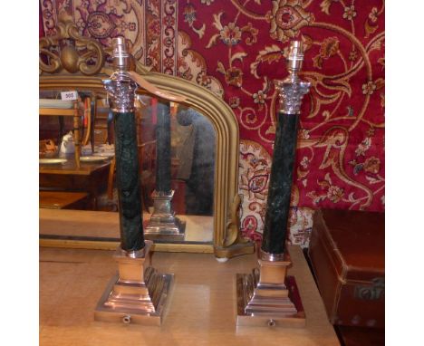 A pair of silver plated and green marble Corinthian column form table lamps