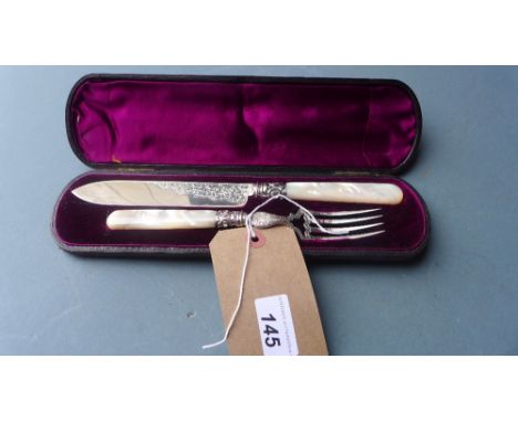 A Victorian cased hallmarked silver and mother of pearl knife and fork 