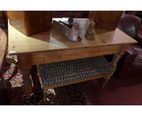 A vintage pine butchers block style table fitted end drawer on turned supports 