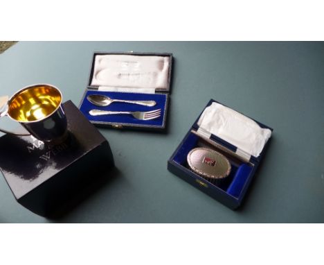 A hallmarked silver Mappin & Webb Christening mug, in original box together with a Mappin and Webb silver fork and spoon in b