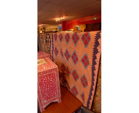 A vintage Kelim rug, geometric pattern with peach ground
